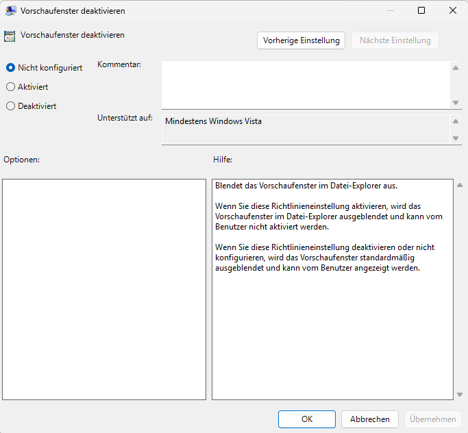 Vorschaufenster global deaktivieren: Was im Datei-Explorer wirklich geht 1 Gruppenrichtlinie Vorschaufenster deaktivieren im Explorer-Rahmenbereich