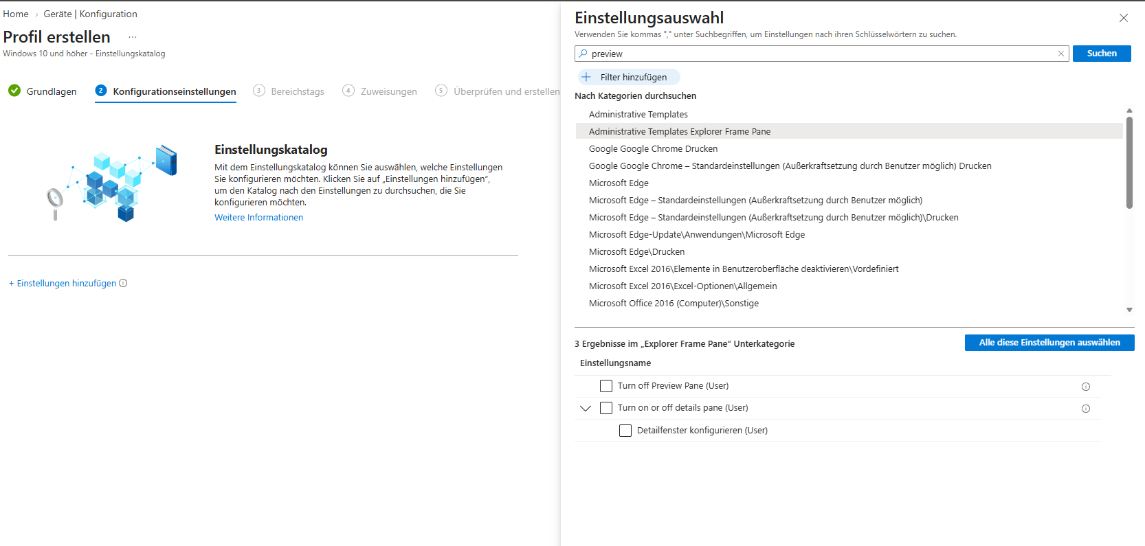 Vorschaufenster global deaktivieren: Was im Datei-Explorer wirklich geht 3 Intune Einstellungskatalog mit den drei Einstellungen der Kategorie Explorer Frame Pane